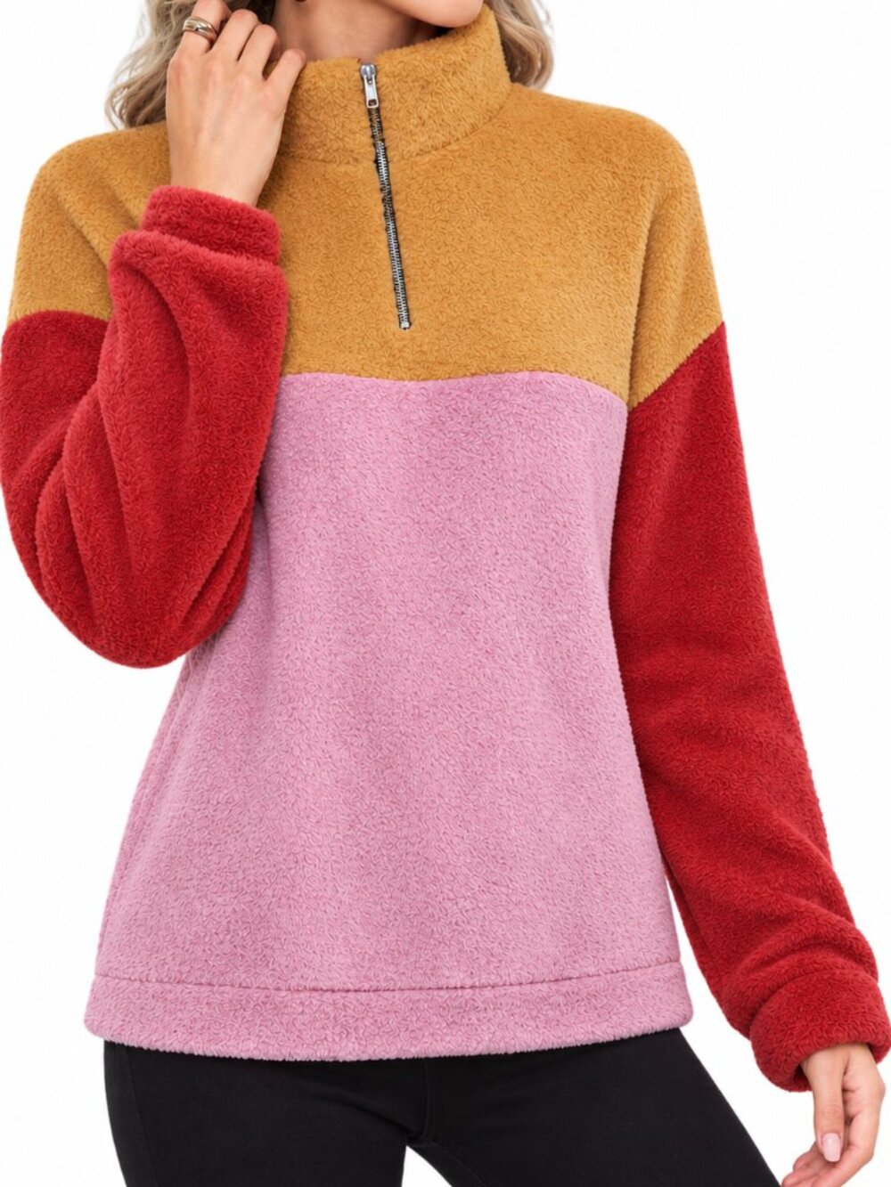 Color Block Half Zip Faux Jacket Pinkish Yellow